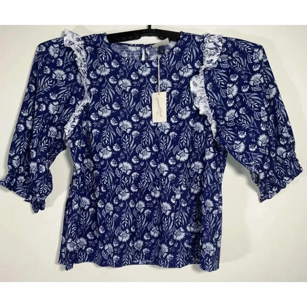 Long Sleeve Peplum Plus Size XXL Blue White Floral Blouse Universal Thread Women
